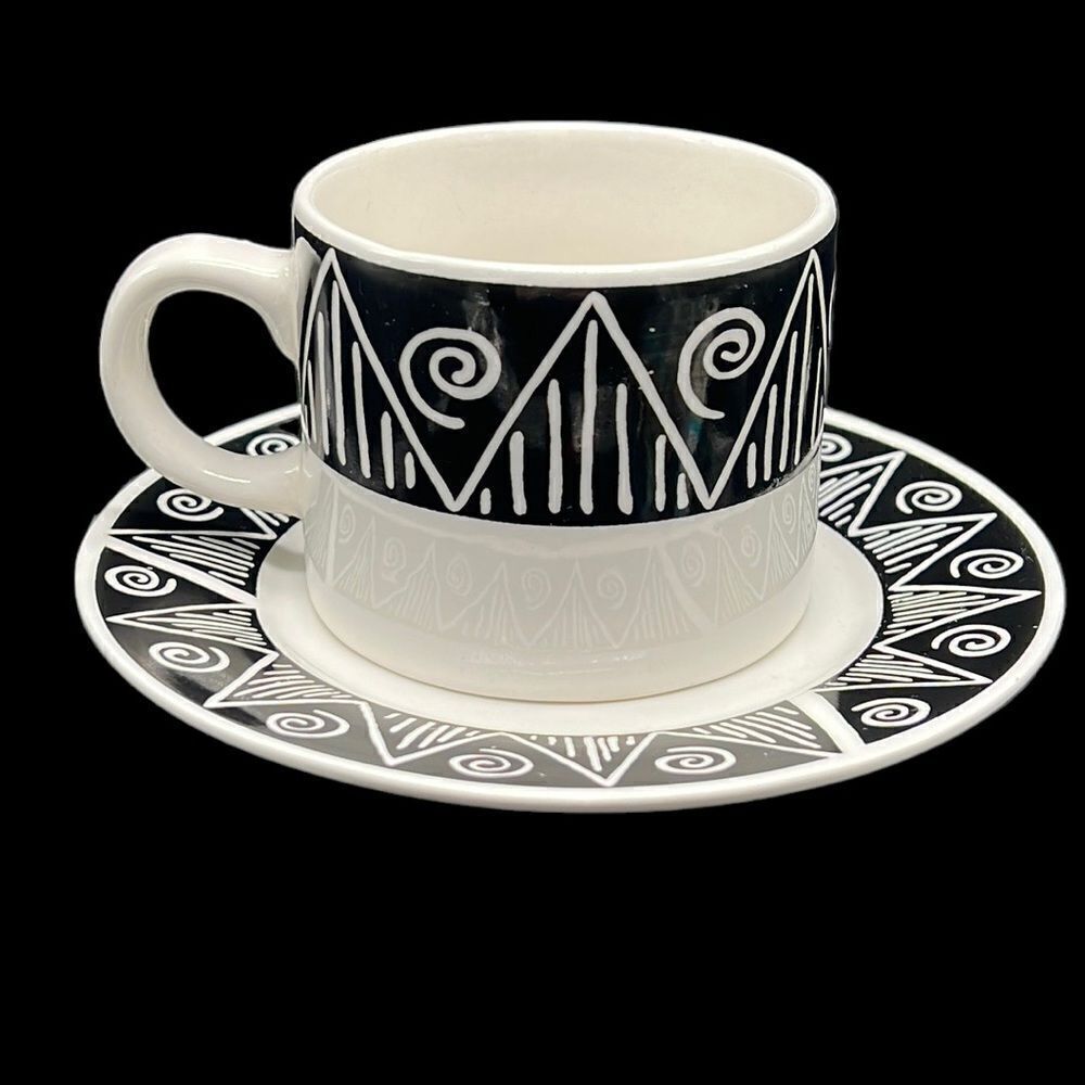 Mug & Saucer Majesticware by Oneida Shadow Black White Eclectic Stoneware 8 oz
